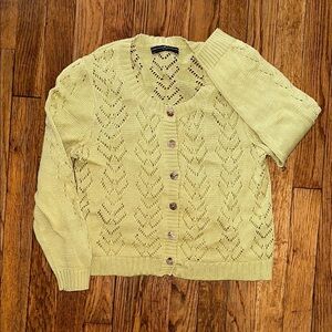 Peruvian connection 100% Pima cotton eyelet button crop cardigan yellow green S